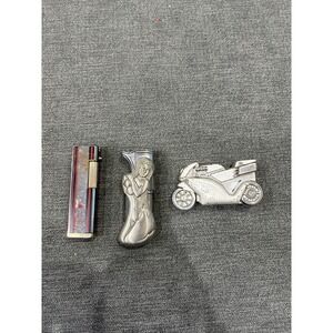 Vintage Pocket Lighter Lot Of 3, Motorcycle, Crown, Lady, Untested
